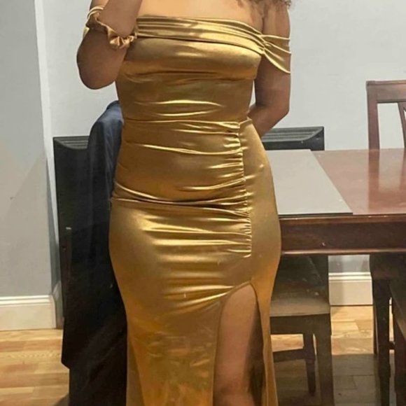gold satin off shoulder split thigh dress elegant festive holiday party chic - Picture 8 of 9